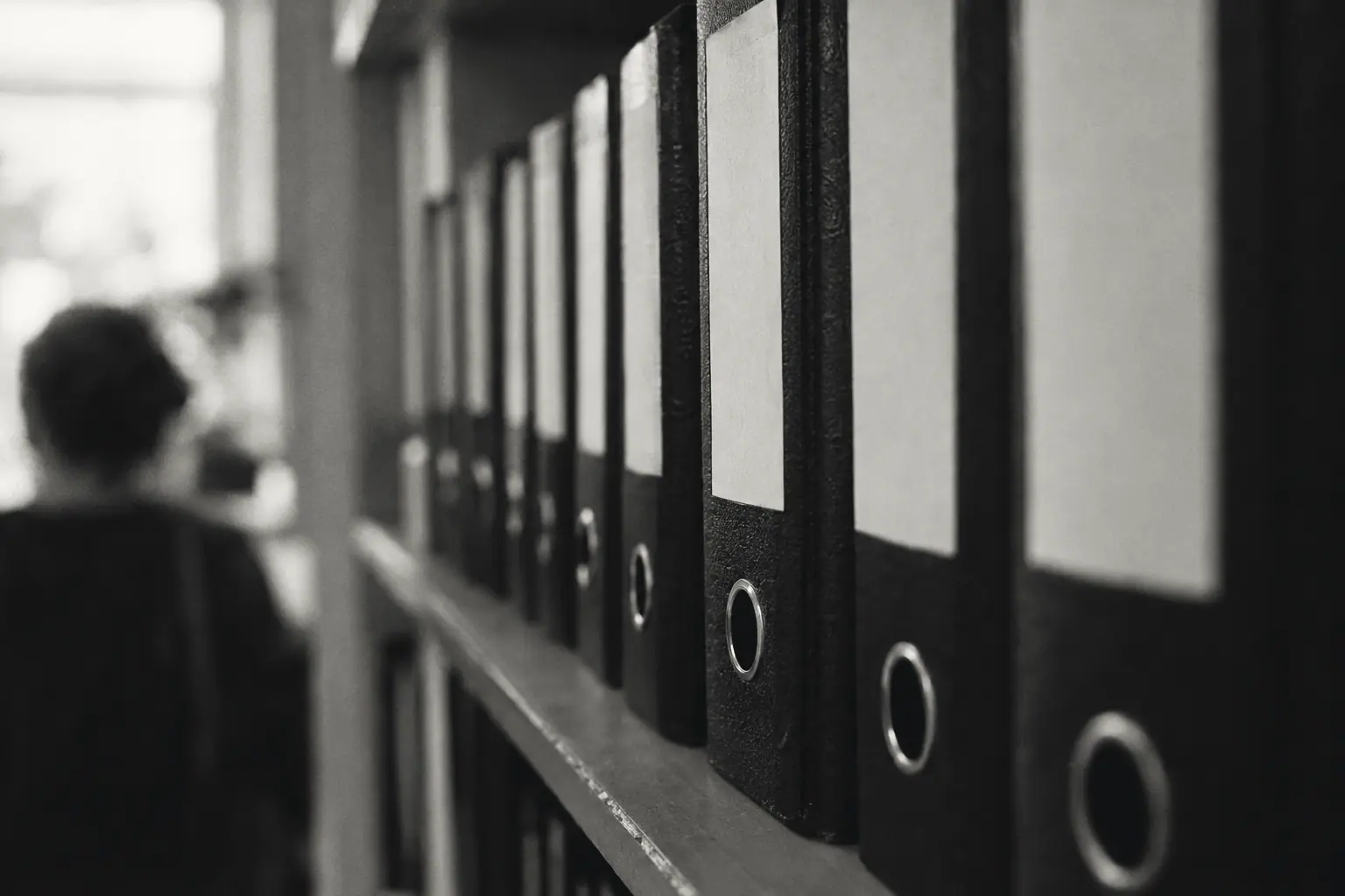A shelf of black binders with blank spine labels.
