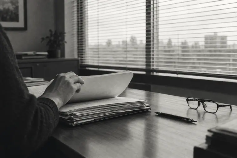 An underwriter turning pages of a paper file at a window desk.